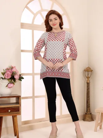 Beige Cotton Short Kurti Tunic Top with Ethnic Motifs for Women