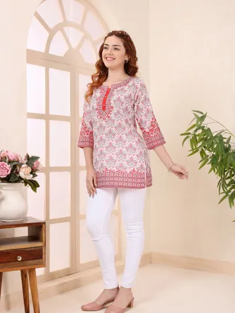 Cream Cotton Short Kurti Tunic Top with Ethnic Motifs for Women