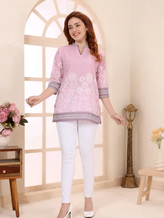 Pinky Pink Cotton Short Kurti Tunic Top with Floral Print for Women