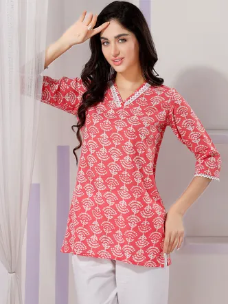 Vibrant Tomato Color V Neck Kurti with Delicate Lace Embellishments