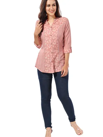 Pretty Pastel Peach Rayon Princess Cut Short Kurti Tunic Top