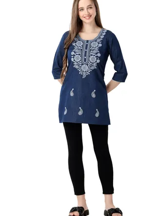 Blue Denim Tunic with Intricate Chikankari Embroidery