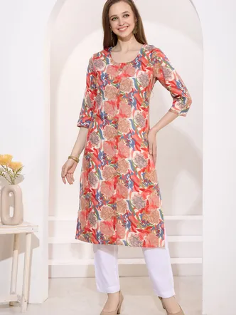 Tomato Linen Cotton Round Neck Women Long Kurta