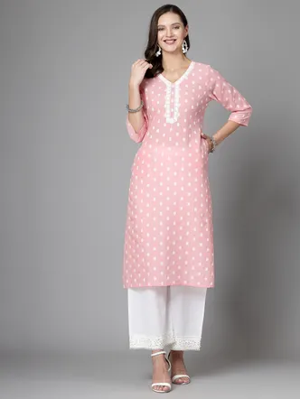 Women Baby Pink Cotton Dobby Kurta With Lace