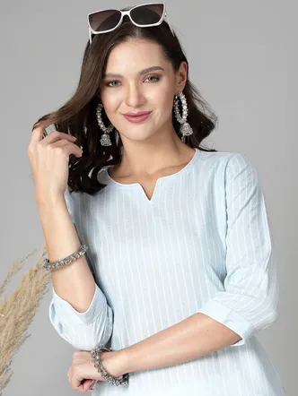 Women Sky Blue Striped Yarn-Dyed Kurta