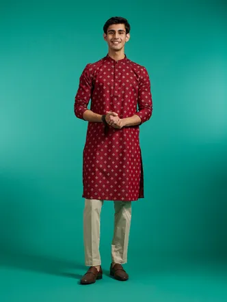 Diwas By Manyavar Maroon Red Buta Printed Kurta for Men