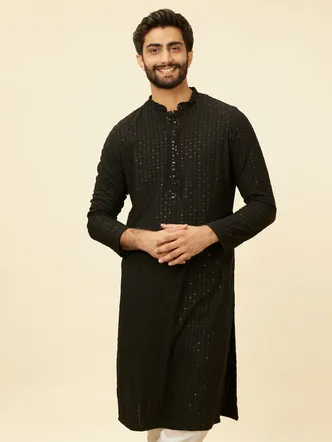 Manyavar Charcoal Black Chikankari Sequinned Kurta Set for Men