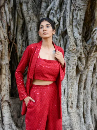 Chikankari Carmine red Three-piece set