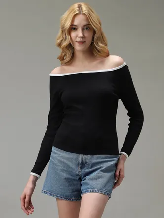 Black Contrast Tipping Ribbed Knit Top