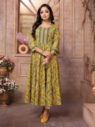 Rangita Women Yellow Cotton Embroidered Calf Length Tiered Flared Kurta