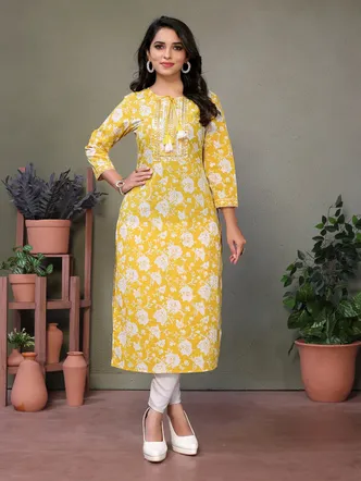 Rangita Women Yellow Cotton Embroidered Calf Length Straight Kurta