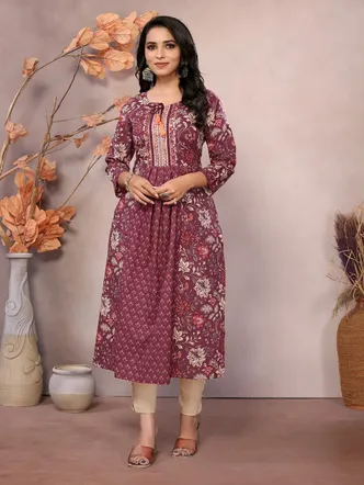 Rangita Women Maroon Cotton Embroidered Calf Length A-Line Kurta