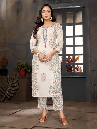 Rangita Women Beige Rayon Embroidered Straight Calf Length Kurta with Pant