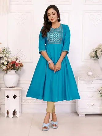 Rangita Women Turquoise Rayon Embroidered Flared Calf Length Kurta