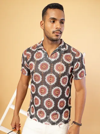 RIGO Cotton Crochet Botanical Polo Slim Fit Shirt