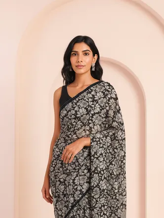 Inara Abstract Print Dark Grey Saree