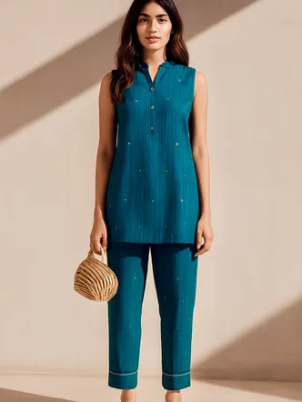 Teal Jacquard Sleeveless Co-ord Set