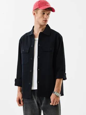 Relaxed Fit Stretch Black Overshirt
