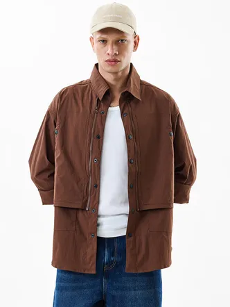 Relaxed Fit Stretch Self-Design Brown Overshirt