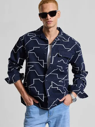 Snitch Navy Embroidered Relaxed Fit Overshirt