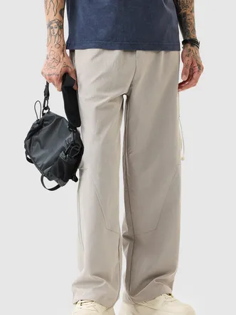 Beige Mid Rise Loose Fit Parachute Pants