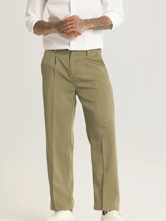 Olive Plain Relaxed Fit Trousers