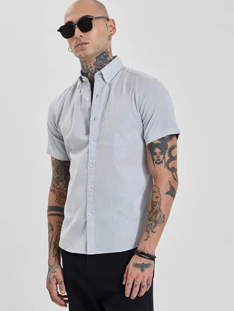 Grey Solid Slim Fit Button Down Shirt