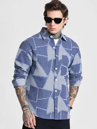 Blue Geometric Relaxed Fit Overshirt