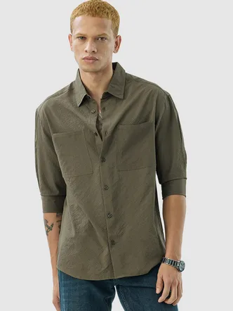 Snitch Olive Solid Relaxed Fit Shirt