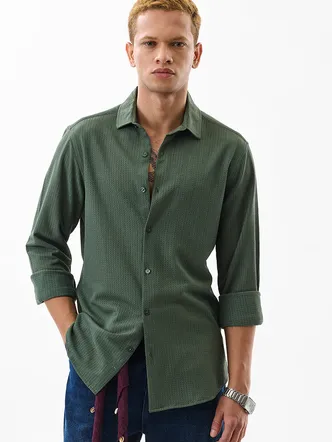 Dark Green Textured Slim Fit Shirt