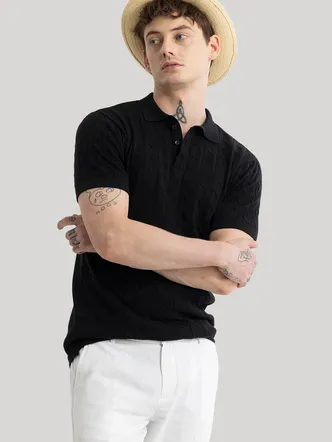 Fresco Black Knitted Polo T-Shirt