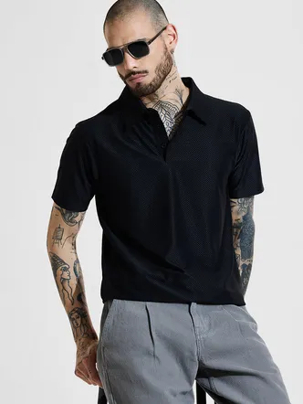 Black Textured Polo Slim Fit T-Shirt