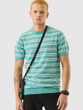 Snitch Turquoise Stripes Slim Fit Crew Neck T-Shirt