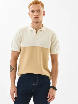 Slim Fit Cotton Colourblocked Flat Knit Polo T-Shirt
