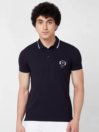 Spykar SLIM FIT Blue Polo T-shirt For Men