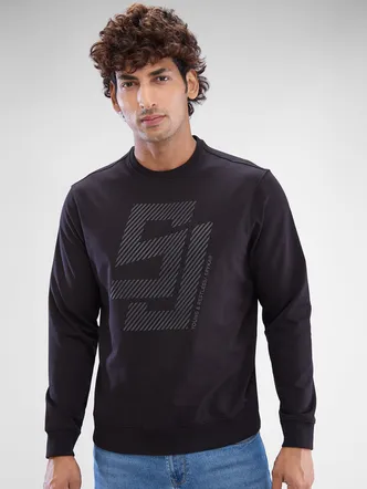 Spykar Black Cotton Poly Full Sleeve Sweatshirt For Men