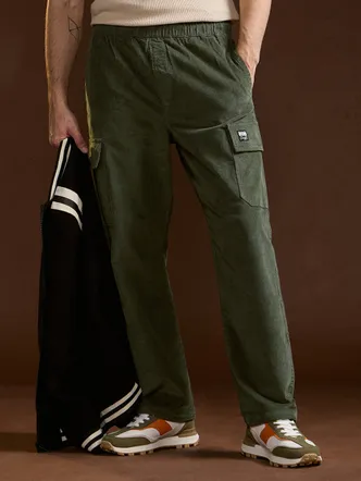 Green Solid Baggy Fit Stylish Corduroy Cargo Pant