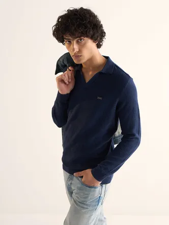 Navy Blue Textured Knit Slim Fit Polo with V-Neck Opening