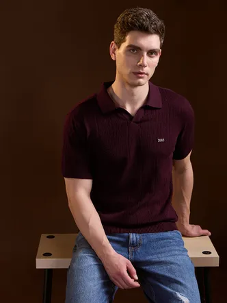 Maroon Perforated Texture Design Slim Fit Polo