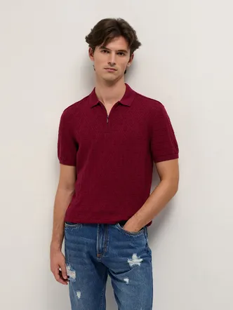 Maroon Textured Knit Design Regular Fit Polo with Zipper Placket