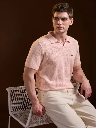 Peach Perforated Texture Design Slim Fit Polo