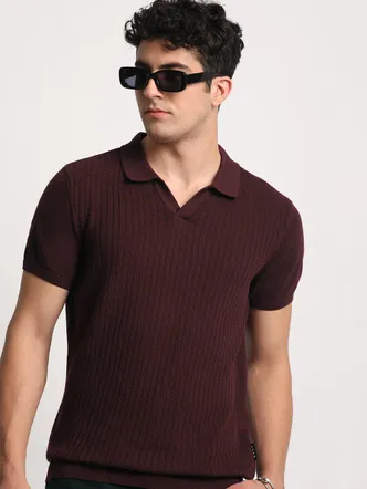 Men Maroon Striped Regular Fit Polo Collar T-shirt