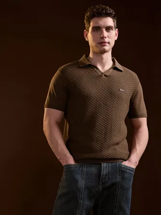 Brown Geometric textured Knit Slim Fit Polo