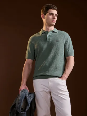 Green Solid Texture Knit Design Regular Fit Polo