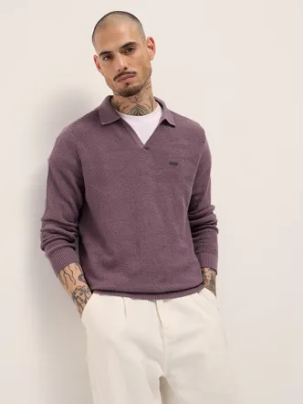 Purple Textured Knit Slim Fit Polo with V-Neck Opening