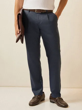 Blue Solid Regular Fit Formal Trouser