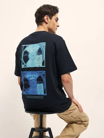 Black Oversize Graphic T-Shirt with Retro Music Print on Back