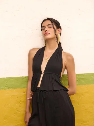 Black Halter Tie-up Neck Top