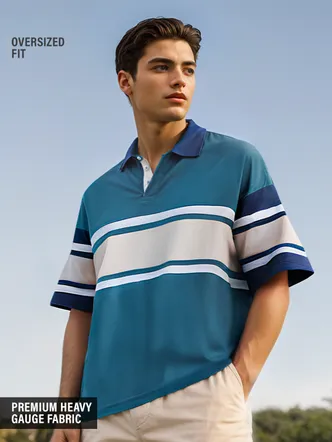 The Souled Store Solids: Ocean Blue Colourblock Oversized Polos
