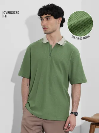 The Souled Store Textured Polo: Matcha Zipper Polos